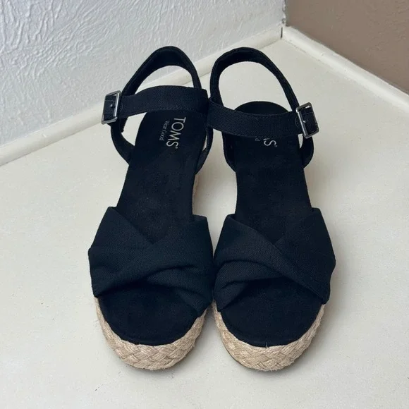TOMS Diana Black Canvas Espadrille Wedge Sandals Women 9.5 Platform 10017931 - Picture 4 of 8